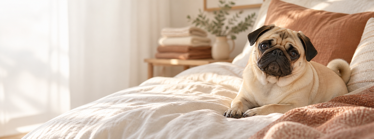 A fawn Pug relaxing on a sunlit bed