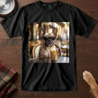 pers-v1: A french bulldog version of the cafe artwork on a black tee