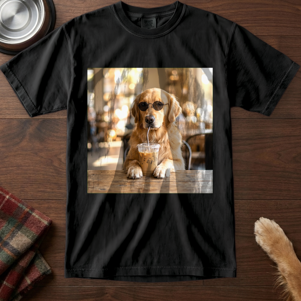 pers-v1: A golden retriever version of the cafe artwork on a black tee