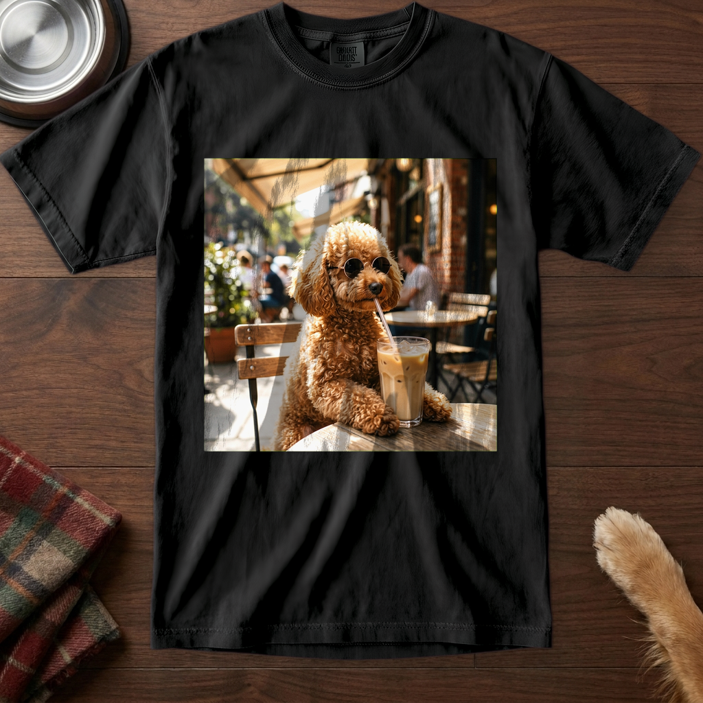 pers-v1: A poodle version of the cafe artwork on a black tee