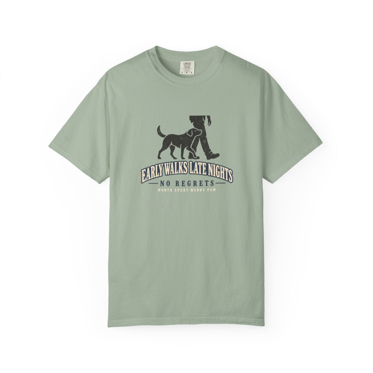 Early Walks Late Nights — Badge T-Shirt — Bay — Printify front mockup