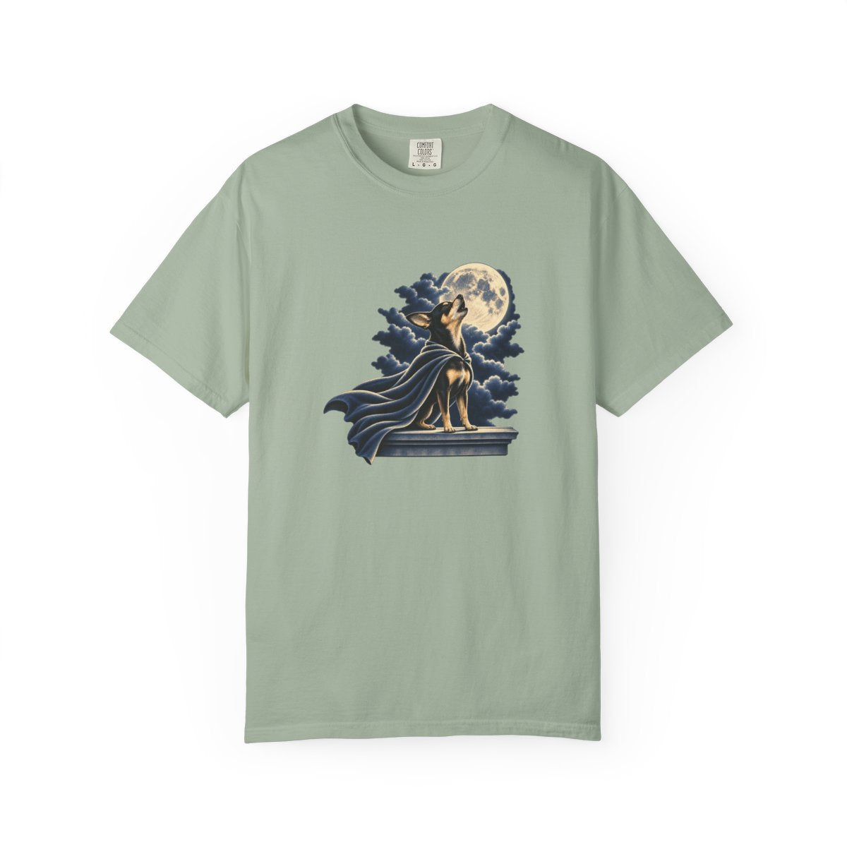 Chihuahua Howling Moon — Dramatic Cape T-Shirt — Bay — Printify front mockup