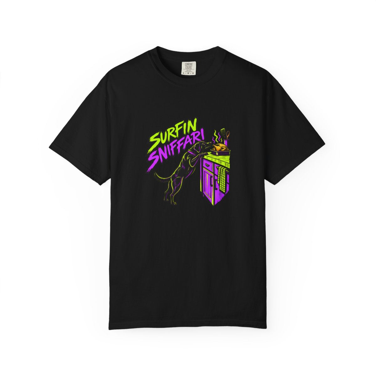 Surfin Sniffari — Neon T-Shirt — Black — Printify front mockup