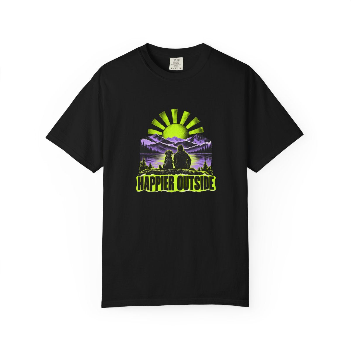 Happier Outside T-Shirt — Black — Printify front mockup